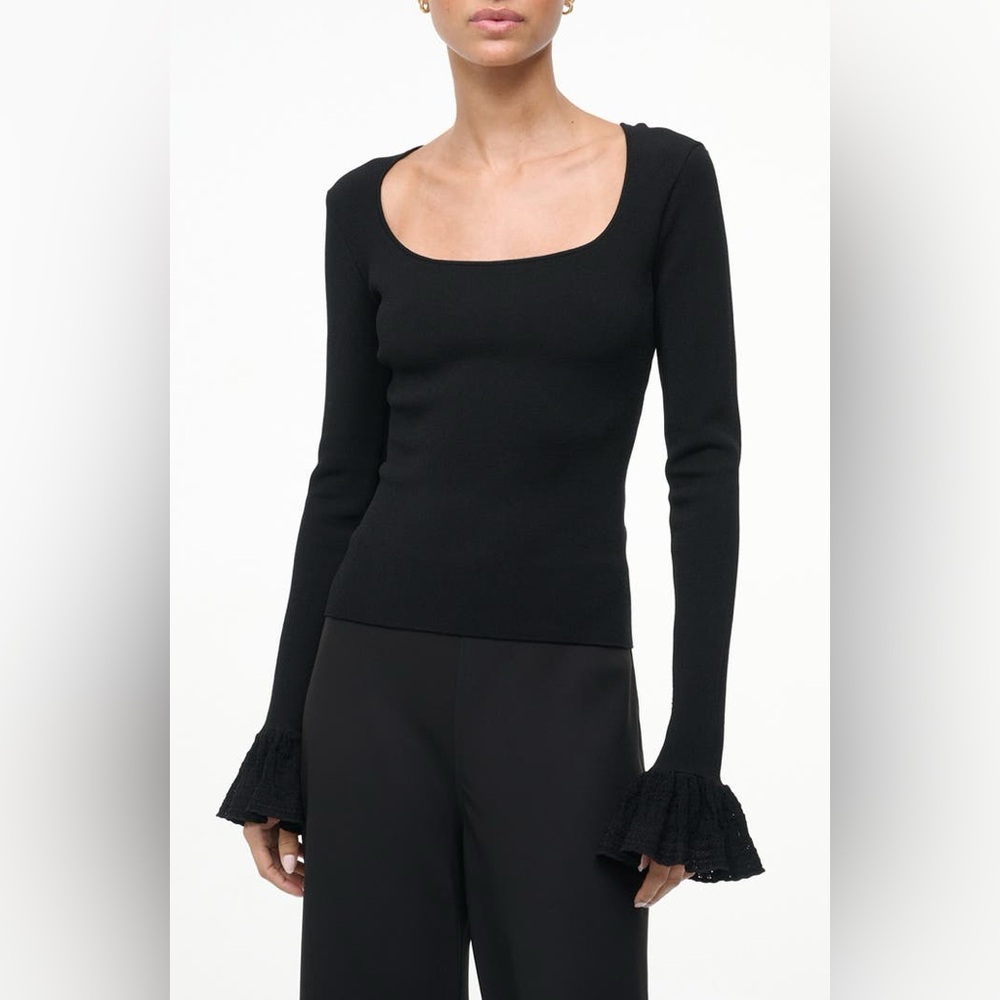 STAUD Shelley Frill Sleeve Top Black Large NWI